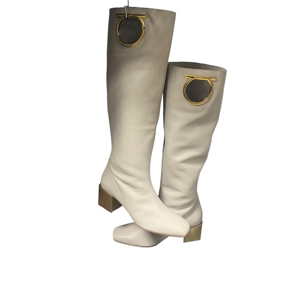 SALVATORE FERRAGAMO - Avivo Knee High Beige/Cream Leather Gancini Boot w/2” heel - Picture 1 of 9